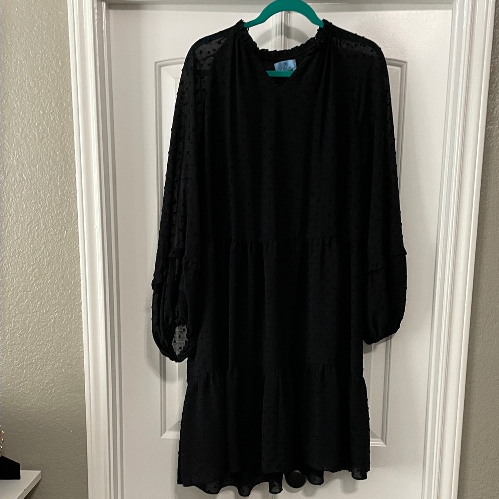 CeCe Elegant Black Textured Long Sleeve Dress